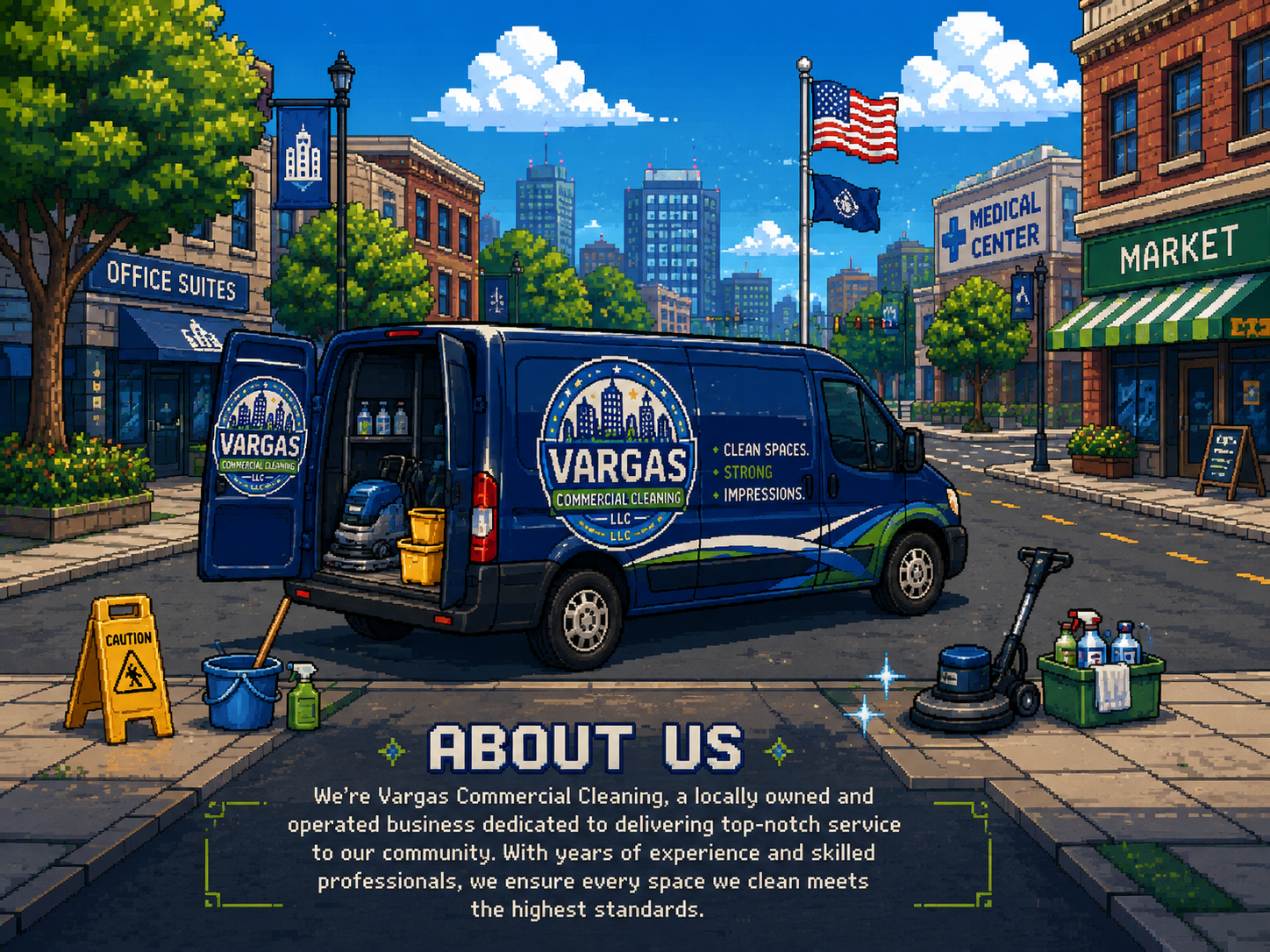 Vargas Commercial Cleaning van and crew serving downtown businesses